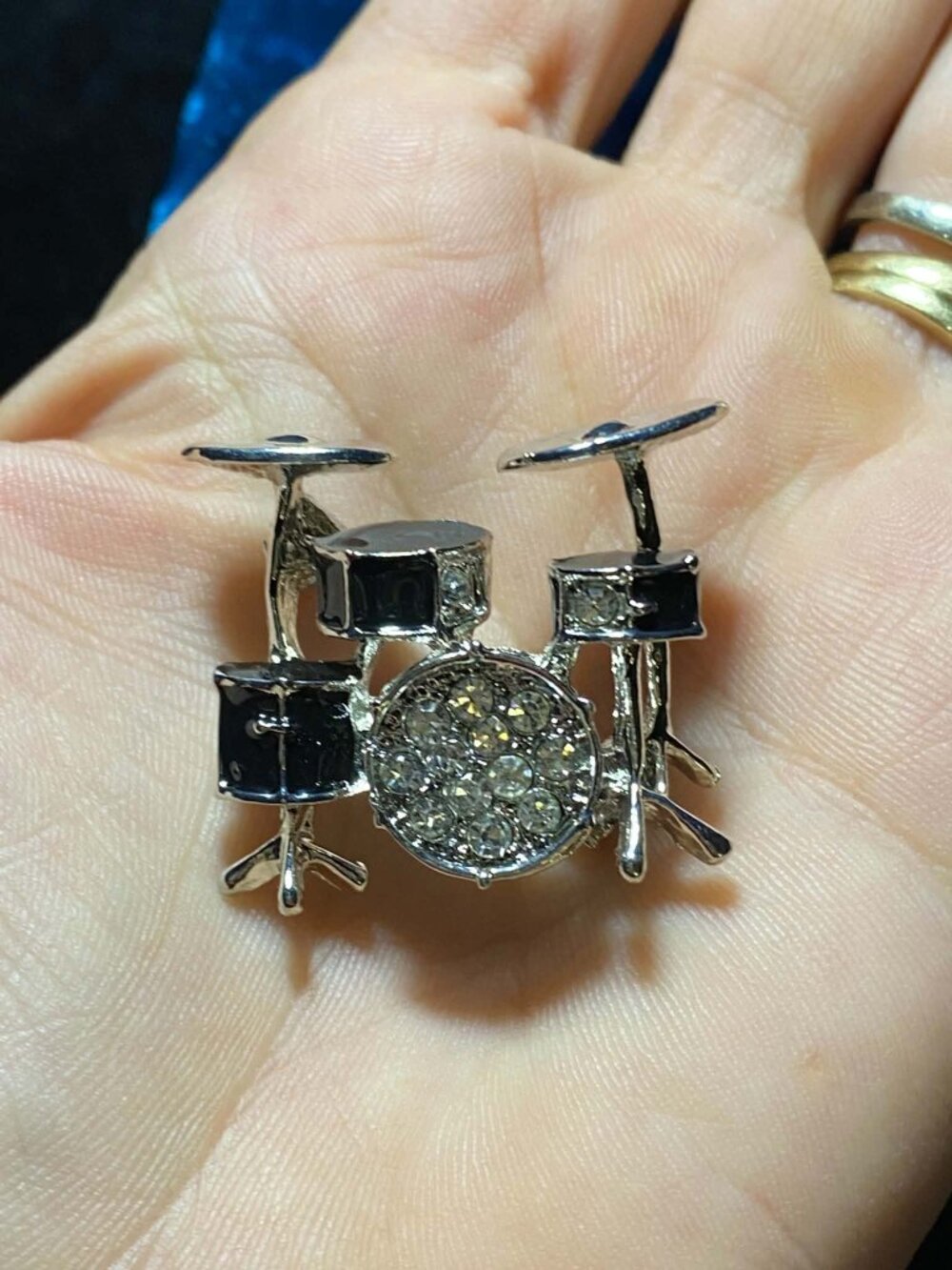 Black Enamel Clear Rhinestone Drum Set Brooch Pin Gift
